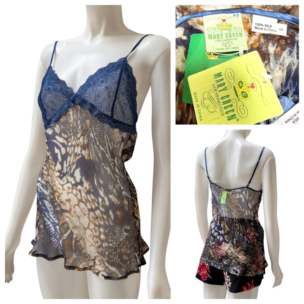 Mary Green Y2K 100% Silk Lace Cami Slip Thong set Cheetah Print Whimsygoth Small